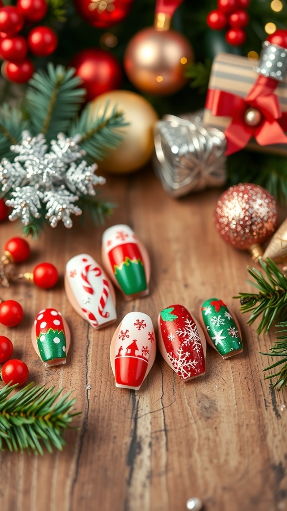 Festive Christmas Nail Designs to Try at Home A collection of Christmas nail art designs including red and green stripes, snowflakes, and glitter on a wooden table.